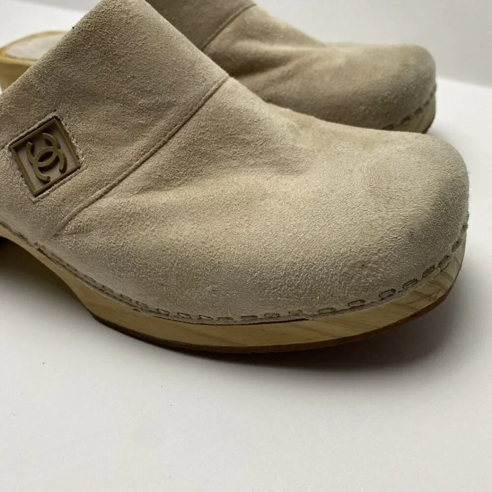 CHANEL Beige Suede Wooden Platform Clogs Size 37